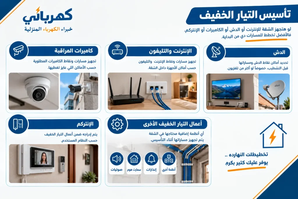 تأسيس التيار الخفيف - دليل تأسيس كهرباء المنازل بنود تأسيس كهرباء شقتك