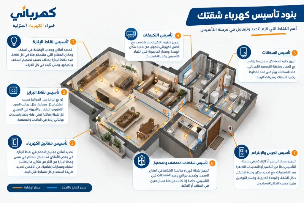 تأسيس نقاط الكهرباء داخل الشقة - دليل تأسيس كهرباء المنازل بنود تأسيس كهرباء شقتك