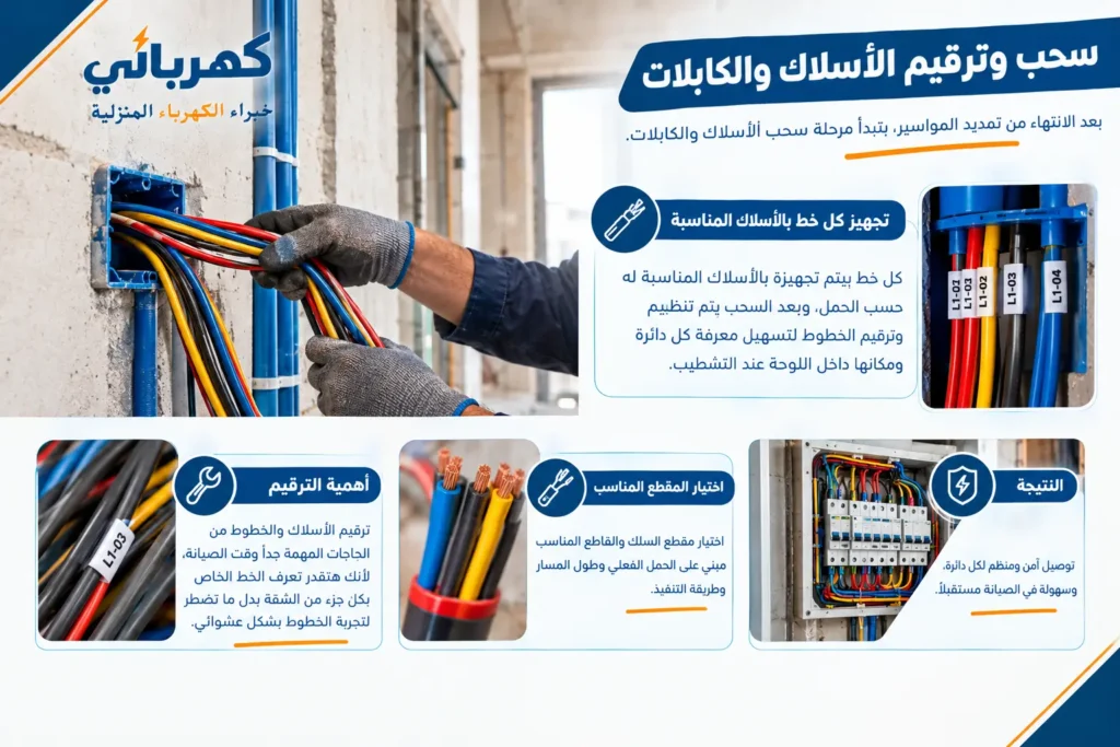 سحب وترقيم الأسلاك والكابلات - دليل تأسيس كهرباء المنازل بنود تأسيس كهرباء شقتك